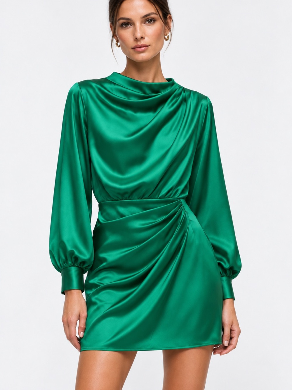 Zara NWT Emerald Green Satin Draped Long Sleeve Mini Dress XS